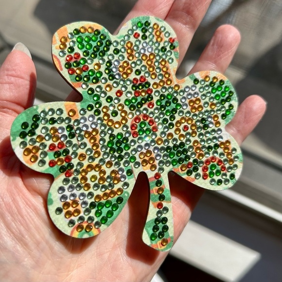2/$16 - No. 09 - Sparkly, Diamond Art Shamrock Clover Holiday Coaster, Green - Picture 7 of 17